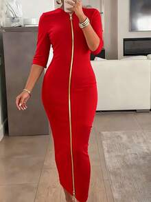 Elegant And Minimalist, This Cardigan Dress Features A Slim Fit, Zipper Design, Boat Neckline, And Midi Length, Making It An Ideal Choice For Fashionable Women In Spring, Summer, And Autumn. Red - Red - View 6