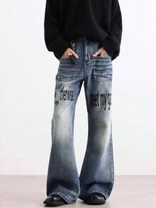 Original Vintage Niche Slogan Washed Blue Cat-Ear Flared Studded Versatile Jeans For Men And Women - 淺色水洗藍 - 查看 1