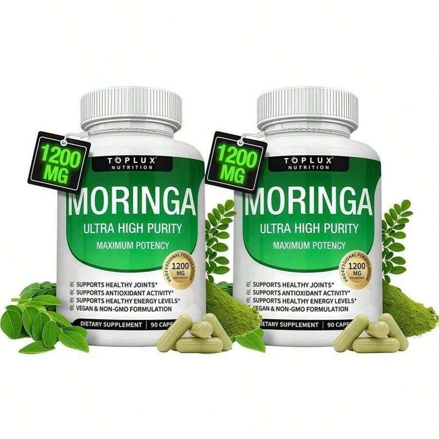 1200mg Moringa Capsules -Pure MoringaPowder For Lmmune, Gut Health Rich In EssentialVitamins, Minerals & Plant Protein TosupportEnergy, Wellness & Vitality 90 Capsules Natural Formula - 2瓶 - 查看 1