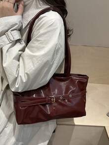 1个复古大容量手提包，通勤超大腋下包，时尚摩托车酒红色女士包，纯色油蜡PU皮革，肩带装饰，拉链封口，勃艮第酒红色，户外办公女士单肩包，大学生背包，短途旅行，度假，礼物，情人节，纪念品，送给女朋友的礼物，生日礼物，购物，商务，最佳选择，适合日常使用 - 酒紅色 - 查看 4