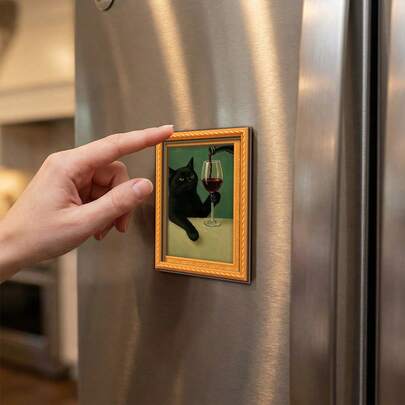 1pc "Drunk Black Cat" Refrigerator Magnet - Decorative Mini Wooden Wall Decor. Features A Lazy Black Cat Drinking Red Wine. Unique Home & Kitchen Decor - A Must-Have Fun Gift For Cat Lovers!