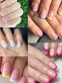 240pcs French Short Square Fake Nails, 5 Color Options, Pink Ombre, Glossy Short Square Acrylic Nails, Adhesive Wear, Suitable For Young Girls, Acrylic Nails - Multicolor - View 5