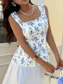 Blusa sin mangas de cuello cuadrado con estampado, de longitud regular, de tela no elástica, adecuada para uso casual de verano - Blanco - Ver 2