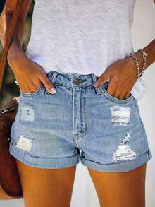 Shorts vaqueros casuales de corte recto y con roturas de moda para adolescentes, de ajuste slim - Lavado ligero - Ver 3