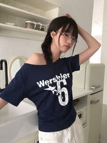性感印花不对称肩部短袖T恤，修身显瘦露脐上衣，休闲夏季款 - 深藍 - 查看 2