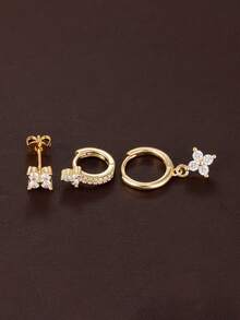 3 piezas Conjunto de pendientes colgantes de flores de circonita de moda para mujeres, chapados en oro de 18K, pendientes de aro con flores geométricas para perforación del cartílago, joyería - 3PCS-Oro 1 - Ver 4