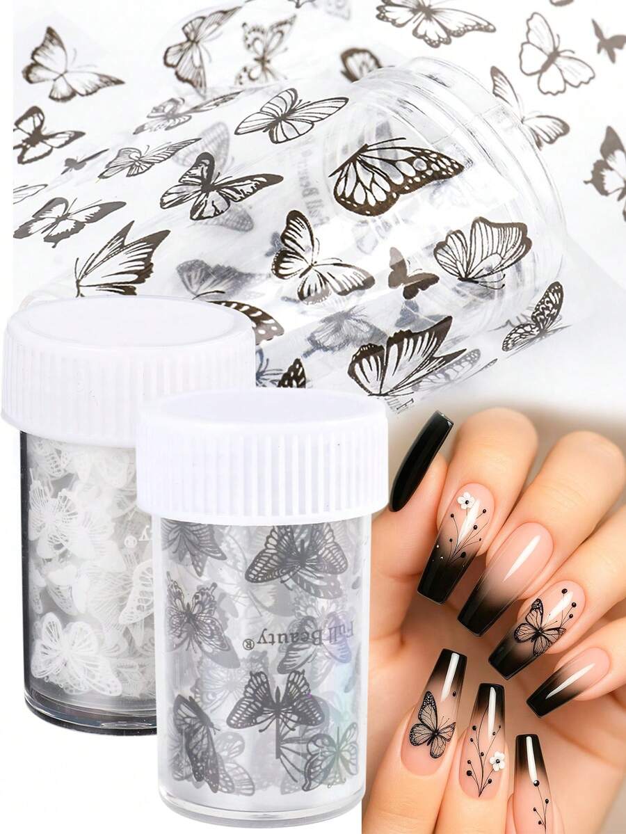 1/2 Box Butterfly Nail Foil Transfer Stickers, Black & White Nail Art Foil Decals, DIY Galaxy Nail Decorations For Salon & Home Use, Suitable For Summer & Spring - Black and White - View 1
