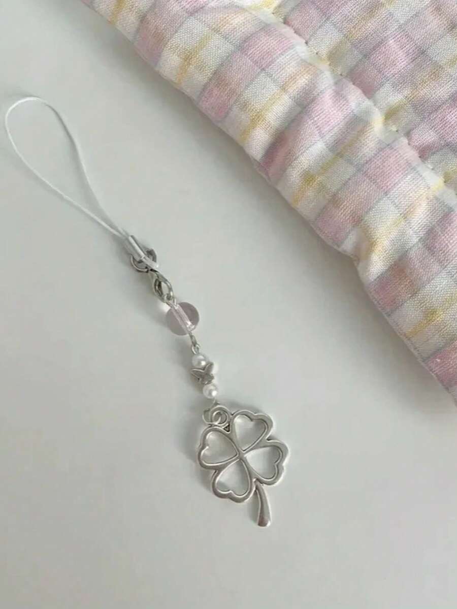 1pc Lucky Four-Leaf Clover Phone Lanyard, Minimalist Metal Heart Pendant, Universal CCD Camera Charm, Friendship Gift - Silver - View 1