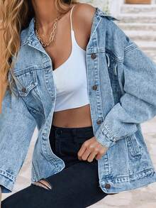 Women's Loose Denim Jacket Summer Casual Non-Stretch Vintage Acid Wash Boyfriend Style Trucker Jacket With Pockets - Blue - View 2