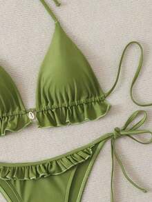 Swim Mod Women's Swimsuit, Two-Piece Bikini Set With Halter Neck, Ruffles And Bow In Solid Color For Summer - 綠色的 - 查看 7