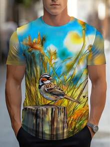 Men'S  Adult Short-Sleeve T-Shirt For Home Use, Showcasing Bird Artwork, Made From A Comfortable Of Fabrics, In Bright Blue And Yellow Hues, Perfect For Casual Outdoor Activities, Lightweight And Durable, Ideal For Daily Wear - 混合顏色 - 查看 6