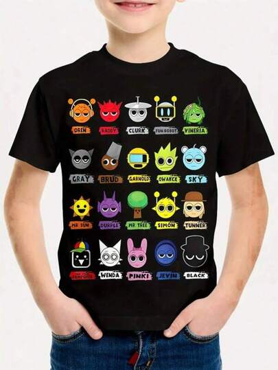 Sprunki Kids Cartoon Character Print Short Sleeve T-Shirt - Vibrant Superhero Design, Black Cotton, Round Neck, Machine Washable, Perfect For Boys & Girls Summer Party Wear, Superhero Them  Women Y2k Spring Clothes Women Cotton  Clothes Women Tops Cute Tops White Tops Streetwear Women Black Tops For Women 90s Party Outfit V Neck Tops Baggy T Shirts Baggy T Shirts Baggy Top Cotton T Shirt Women T Shirt Women Tshirts For Women