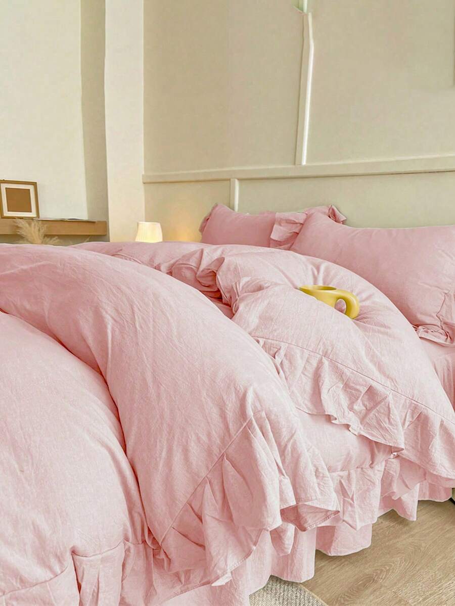 Pink Cream Ruffled Soft Brushed Duvet Cover 3 Pieces Set (1*Duvet Cover + 2*Pillow Shams), Suitable For Bedroom & Guest Room, All Season, Machine Washable - Pink - View 1