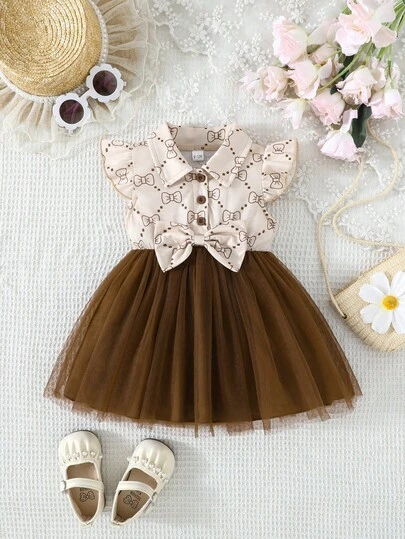 Baby Girl Summer Fashion Ruffle Trim Bow Tie Floral Print Mesh Patchwork Dress