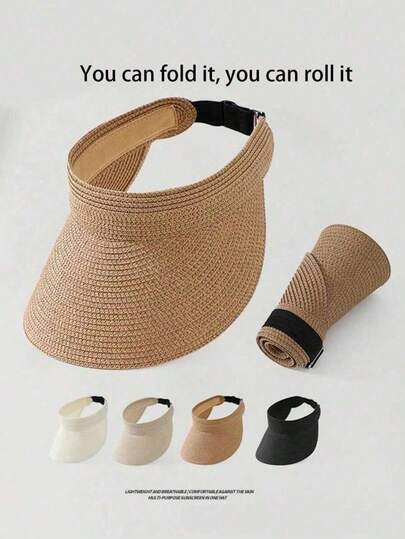 1PC Foldable Fashionable Straw Woven Sun Hat, Women's Wide Brimmed Hat, Summer Beach Sun Hat With Empty Roof, UV Resistant Woven Grass Hat, Beach Vacation Sun Hat