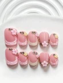 10件套甜美清新风格手工美甲套装，凝胶美甲贴片，小花朵、钻石美甲配件、波点、法式美甲装饰、粉白指甲油、珍珠簇状美甲贴片，附赠美甲工具（1张果冻贴片+1把指甲锉），3种尺寸可选：方形指甲、短方形指甲、杏仁形指甲，适合聚会、日常、派对、拍照、玩乐、春夏、通勤等场合。 - 彩色 - 查看 18