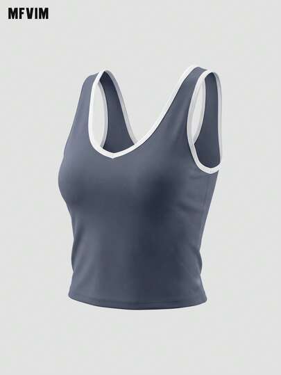  MFVIM Women's Nude Feeling Contrast Color Sports Tank Top, Hollow Big V-Neck Backless Design Exposes Butterfly Bone, V-Neck Highlights Collarbone Line: Breathable Comfortable Casual Sports Vest For Running, Outdoor Jogging Cycling Pilates Yoga Gym Workout, Versatile Sports Top For Women