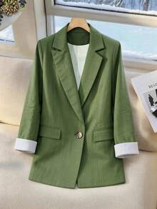 女士西装外套，2026春季商务办公室女士绿色新款职业装上衣 - 軍綠色 - 查看 2