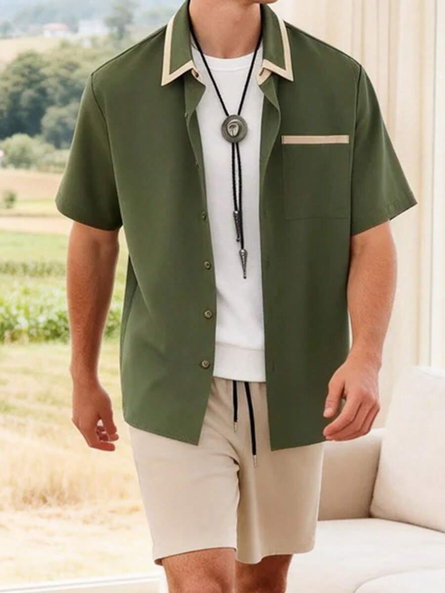 男士纯色衬衫领撞色口袋斜扣休闲夏季运动套装 - 綠色 - 查看 1