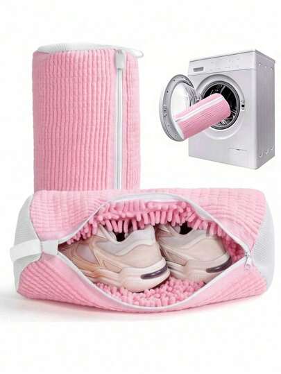 1pc Pink Reusable Mesh Laundry Bag With Zipper, Suitable For Shoes/Sneakers, Extra Large Washable Shoe Bag, Travel Shoe Storage Bag, Portable Zippered Wash Bag, Home Shoe Washing Net Bag With Zipper