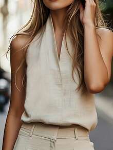 Spring/Summer Women's Fashionable And Elegant Casual Resort Urban Modern Beige Stand-Up Collar Sleeveless Top, Office Top, Summer Women's Top, Women's Casual Tank Top, Women's Formal Top, Women's Business Attire - Apricot - View 4