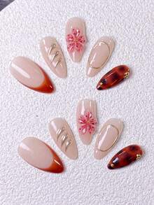 10pcs Handmade Nail Stickers, Short Nails, False Nails, Almond Shape Nails, Nude Color Nails, Gentle Chic Nails, Sweet & Spicy Nails, Hand-Painted Amber Tie Dye, Red-Brown French Tips, 3D Pink Floral Nails With Metal Texture, Oval Outline & Golden Beads Decor, Includes Nail Tools, Suitable For Various Occasions, Easy To Apply And Remove, Fit For Women And Girls Almond Nail Stickers - Chocolate Brown - View 5