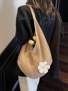 女士钩针编织沙滩包，夏季沙滩手提包，网眼可爱沙滩钱包，美观针织手提单肩包，卡其色 - 卡其色 - 查看 8