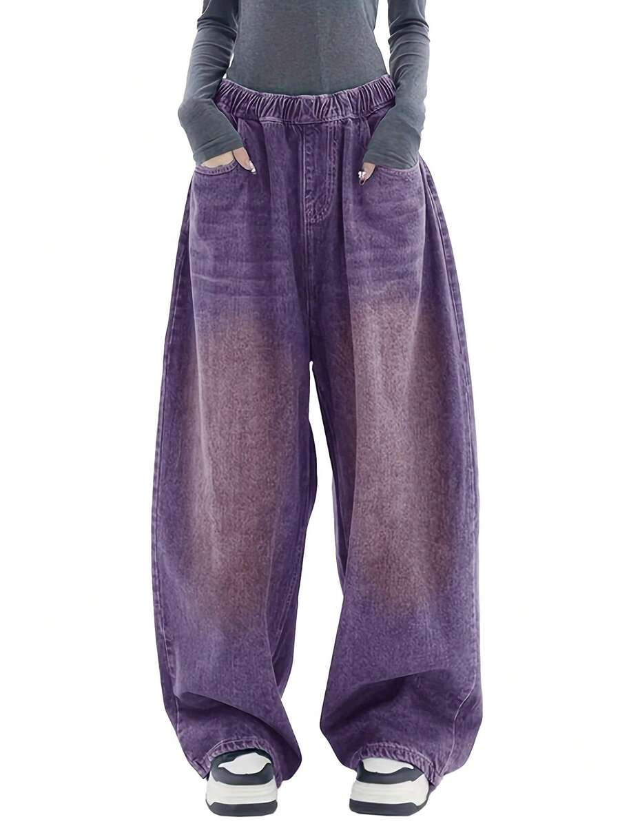 Women's Casual Loose Fit Wide Leg Denim Jeans With Pockets And Button Zipper Closure, Long Straight Leg Style, Slightly Stretchy Fabric, Perfect For A Vintage Or Casual Look - 紫色 - 查看 1