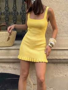 女士夏季方领修身针织连衣裙，荷叶边下摆设计，适合夏季、度假、海滩、街头、日常、工作、办公室派对、郊游、嘉年华、音乐节、情人节、聚会等场合。 - 黃色 - 查看 4