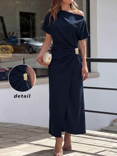 女士优雅不对称开衩金属扣修身连衣裙，蝙蝠袖，蓝色，春夏款