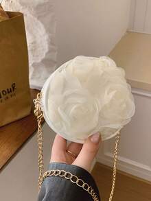 时尚3D蕾丝花朵圆形包，少女独特百搭链条单肩斜挎包 - 米色 - 查看 2