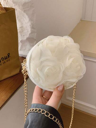 时尚3D蕾丝花朵圆形包，少女独特百搭链条单肩斜挎包