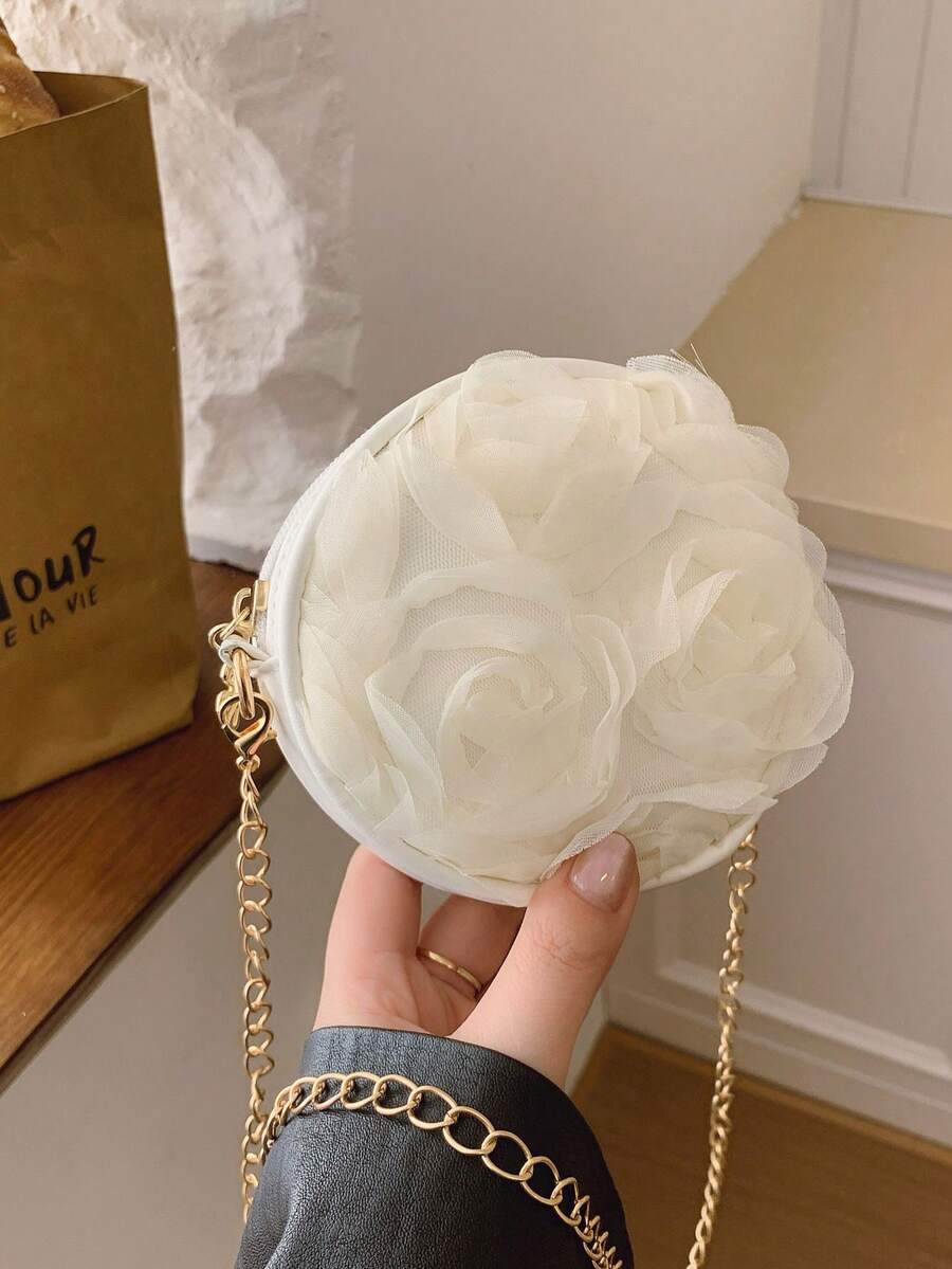 时尚3D蕾丝花朵圆形包，少女独特百搭链条单肩斜挎包