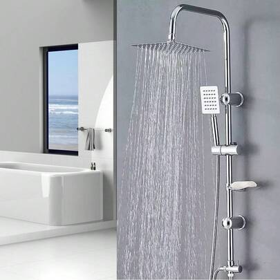 Bathroom Shower Kit Twin Head  Square Fixed Head Riser Rail Bath Mixer Tap Set
