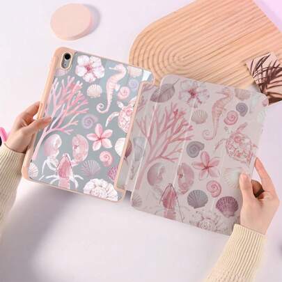 1 chiếc ốp bảo vệ gấp ba có chân đế hình sinh vật biển màu hồng, tương thích với iPad Pro 2024/Air M3/A16 2025 và các máy tính bảng khác, góc nhìn đa dạng cho công việc và giải trí, có khe cắm bút, phù hợp cho công việc, du lịch và giải trí tại nhà.