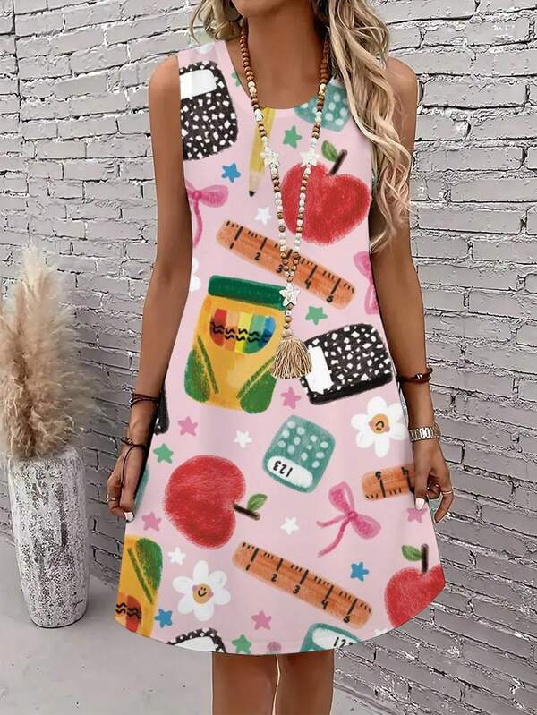 Vestido de mujer con estampado de útiles escolares, cuello redondo, casual y cómodo para uso diario, 250g
