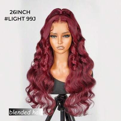 10-36 Inch 13x4 Glueless Wigs Human Blended Hair Pre Plucked Pre Cut Ready To Go Wig HD Lace Closure Wigs Human Blended Hair 180% Density Body Wave Lace Front Wigs For Women (99J Burgundy Color)