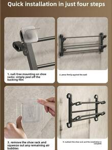 Wall-Mounted Shoe Rack, No Drilling Required, Double-Layer Bathroom/Toilet Shoe Storage Rack With Drainage Function, Space-Saving Folding Design - Black - View 4