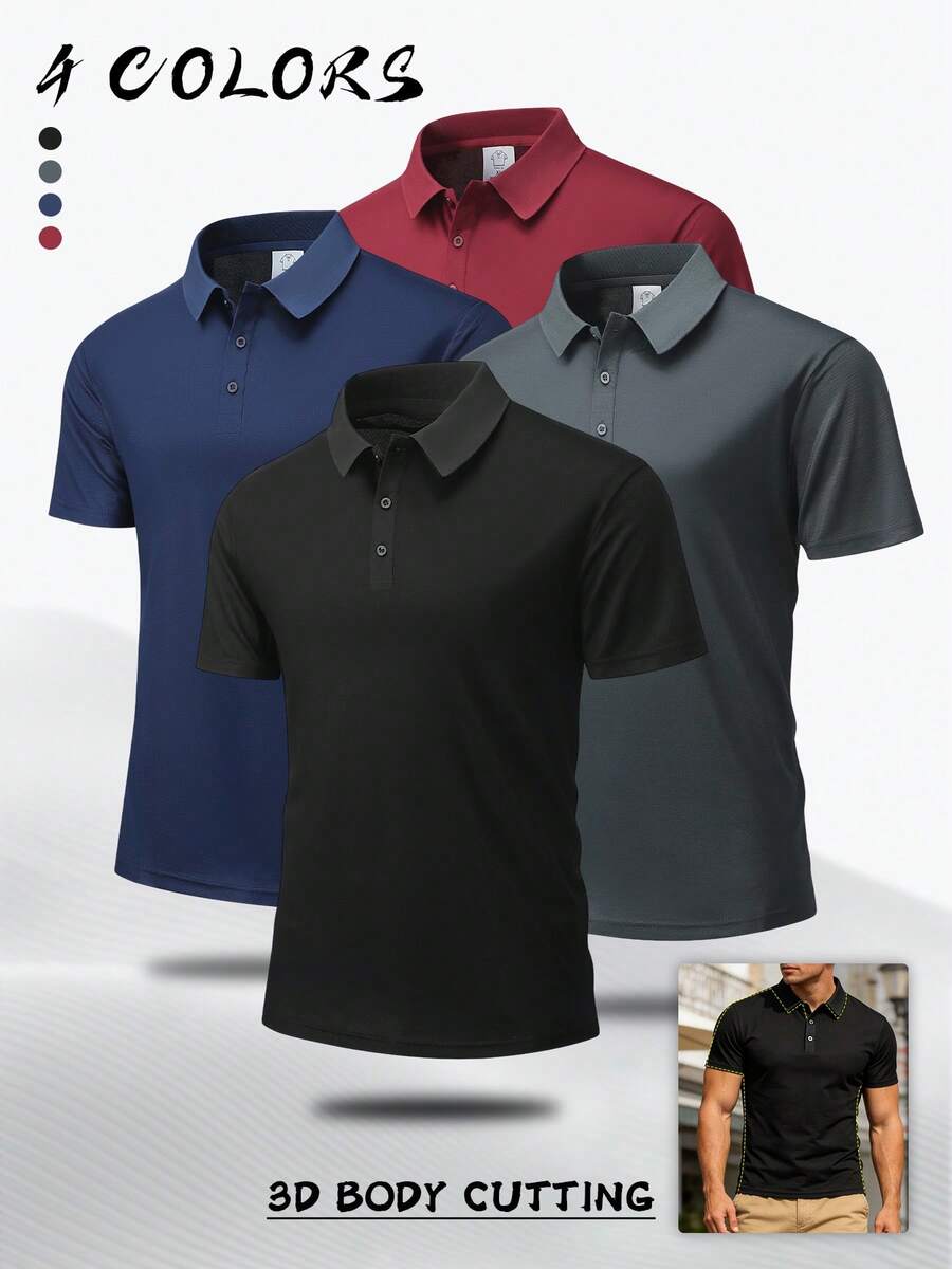 男士休闲运动短袖 Polo 衫，翻领，速干透气，弹性面料，纯色，夏季款 - 黑色 - 查看 1