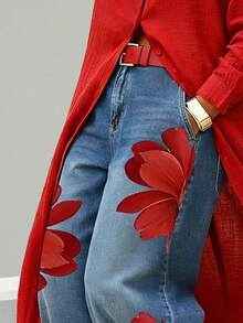Women's Red Floral Print Cropped Jeans, Casual High-Waisted Wide-Leg Denim Jeans, Suitable For Spring, Summer And Autumn. - Blue - View 5