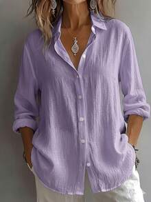 Women's Elegant Resort Style V-Neck Top, Loose And Relaxed Linen Blend Shirt, Suitable For Commuting, Casual, And Artistic Styles, Slimming And Flattering, Everyday Chic, Loose-Fitting, Draping, Breathable, Comfortable, And Relaxed Style. - 紫色 - 查看 7