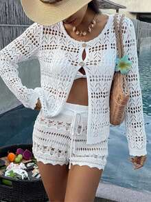 Women's White Ribbed Knit Hollow Button Cardigan And Drawstring Shorts Set, Summer Beach Outfit - White - View 2