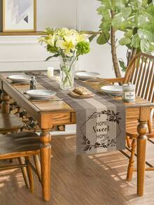 1pc Home Sweet Home Printed Wood Grain Table Runner, Suitable For Family Dining, Kitchen Decor, Home Decor, Outdoor Party And Restaurant Decoration, Linen Texture Appearance, Available In Multiple Sizes - Brown - View 2