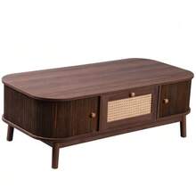 Coffee Table - Rattan Coffee Table, Rattan Drawers And Sliding Doors With Solid Wood Slats, Solid Wood Legs, Natural Rustic Style. - Natural Color - View 10