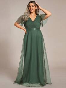 EVERPRETTY Vestido de dama de honor de malla con cuello en V y parches para mujer de talla grande, primavera - Verde - Ver 6