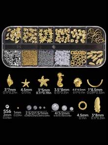 2盒12格金色合金星星3D美甲饰品美甲金属合金装饰闪亮星星贝壳迷你珠子气泡DIY美甲配件 - 彩色 - 查看 6