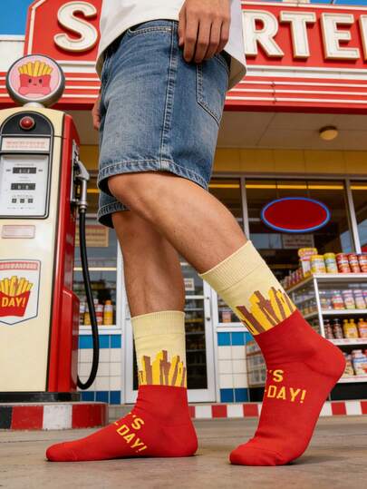 1 par de calcetines medianos para hombres, calcetines de estilo casual y de moda con un diseño de patatas fritas en bloques de color, personalizados y unisex, adecuados para uso diario/ocasiones casuales, un regalo ideal para todas las estaciones y festividades