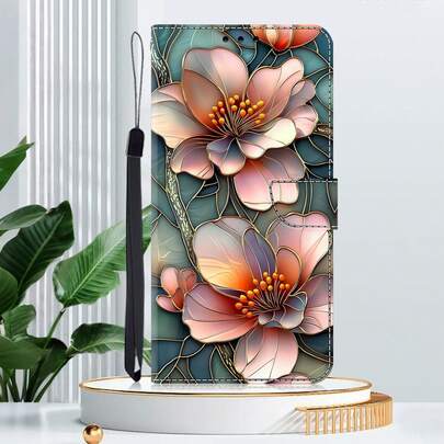 GLANDOTU Funda de teléfono con cartera de cuero de poliuretano con textura de vidrio dorado y patrón floral, con ranuras para tarjetas, cordón y soporte plegable, adecuada para múltiples marcas y modelos de teléfonos