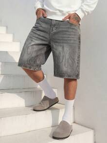 Men's Vintage Loose Straight Leg Denim Shorts, Dark Wash With Rhinestone Flame Pattern, Casual Street Style Shorts For Summer - Grey - View 1