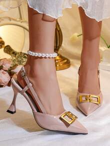 Giày sandal cao gót mũi nhọn kiểu Âu và Mỹ, quai ngang mắt cá chân, hàng mới về mùa hè dành cho nữ, khóa kim loại, gót nhọn thanh lịch, phù hợp để phối cùng váy dự tiệc. - Hồng - Xem 3